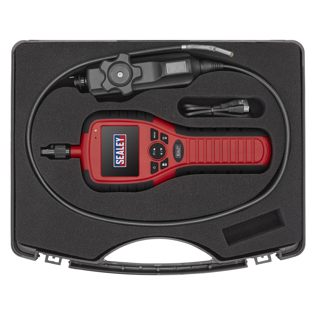 Mini waterproof (IP67) camera with integral light (Ø6mm) mounted on 800mm flexible 2-way articulated probe.