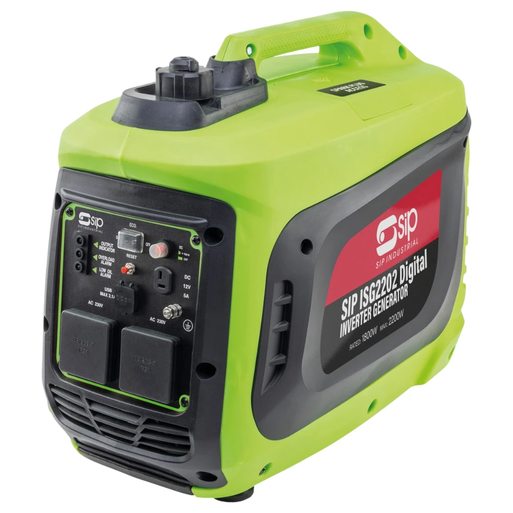 Main product image showing the green and black SIP ISG2202 digital inverter generator.