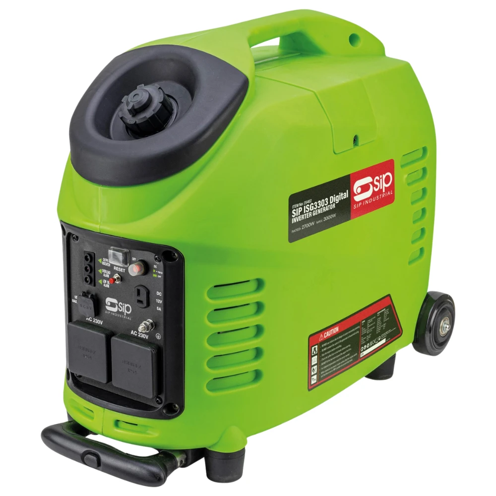 SIP ISG3303 Digital Inverter Generator 25402 showing full side profile with lime green casing and black handle