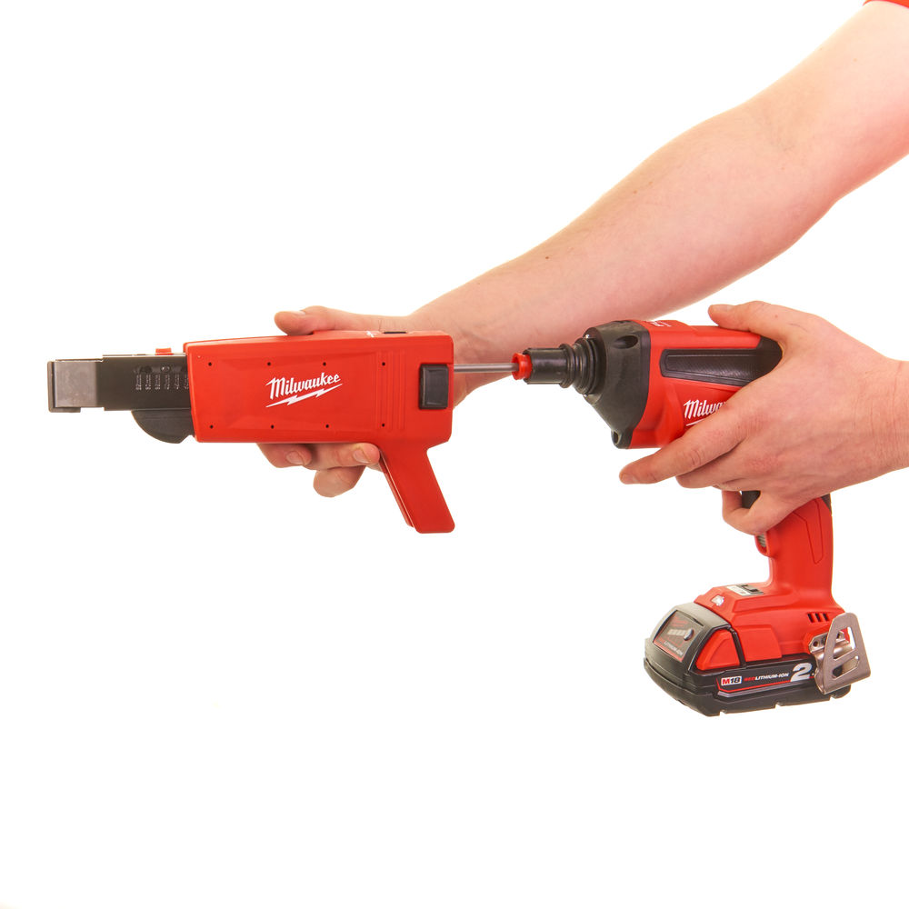 Milwaukee screw gun with removable collated attachment allows the user to use the gun as a stand alone screwdriver or a collaged screw gun