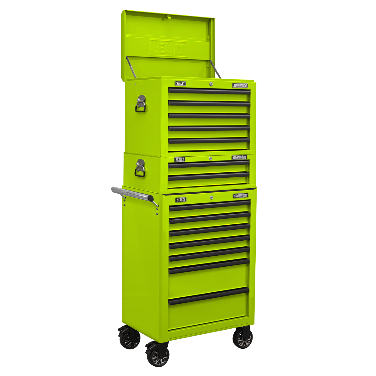 Sealey Topchest, Mid-Box Tool Chest & Rollcab Combination 14 Drawer - Green APSTACKTHV