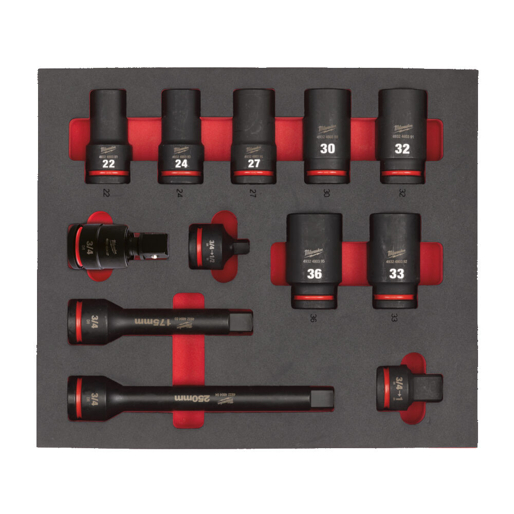 Milwaukee ¾″ Shockwave Impact Duty Deep Sockets Set in Foam, 12 pc 4932493398