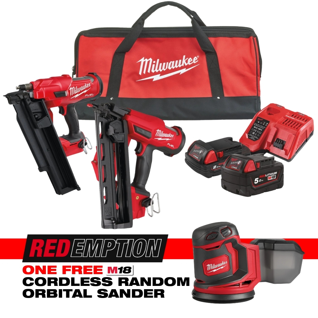 Milwaukee M18FPP2BE-522B M18 Fuel Nailer Power Twin Pack GB2 REDEMPTION