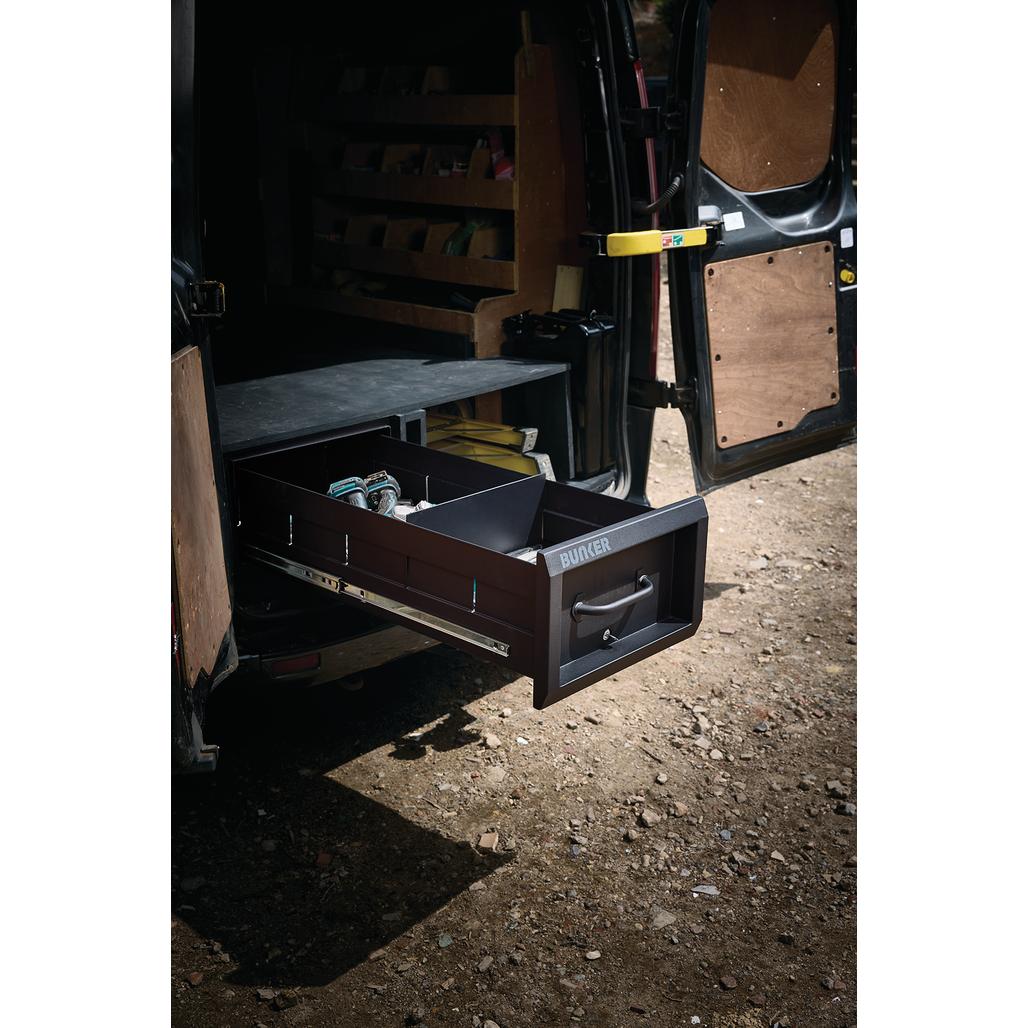Easy access to tools in the van with these sliding van storage boxes