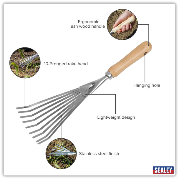 Sealey ash handle garden rake for use in flower beds