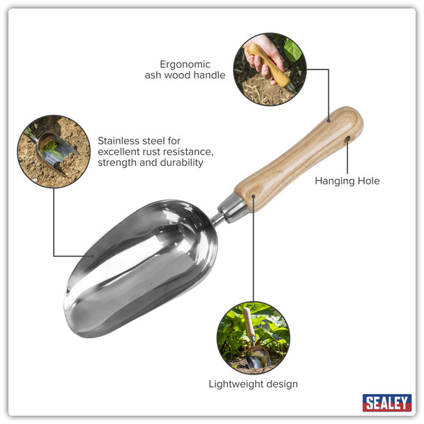 The high-quality, rust-resistant stainless steel scoop provides strength and longevity, perfect for a variety of tasks in the garden, kitchen, or workshop