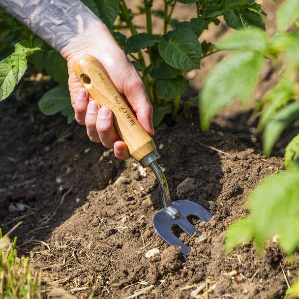 Garden hand fork for breaking up soil, aerating beds, weeding, and turning compost, making it ideal for a variety of gardening tasks.