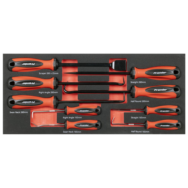 9PC SCRAPER AND HOOK SET - 165mm Picks; Straight, Right Angle, Half-Round, Swan Neck, Picks 260mm; Straight, Right Angle, Half-Round, Swan Neck, Scraper 260 x 25mm.