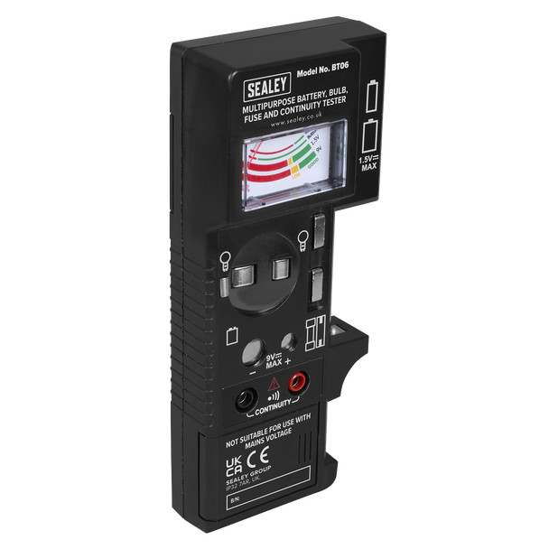 Easy-to-read battery tester colour-coded analogue display needle; Good/Green, Low/Yellow, Replace or Recharge/Red.