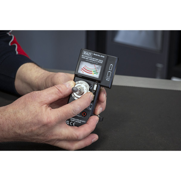 This multi purpose battery and bulb tester requires 9V battery for operation