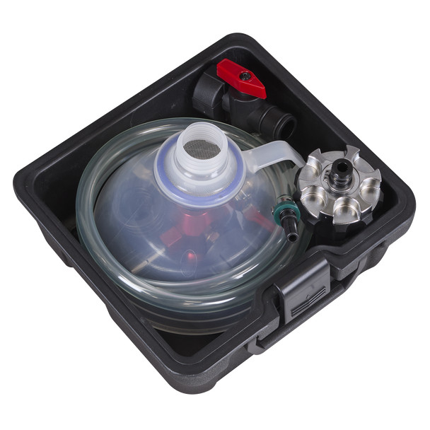 Requires a workshop air supply and does not require a fiddly interchange of vacuum and fluid hoses.