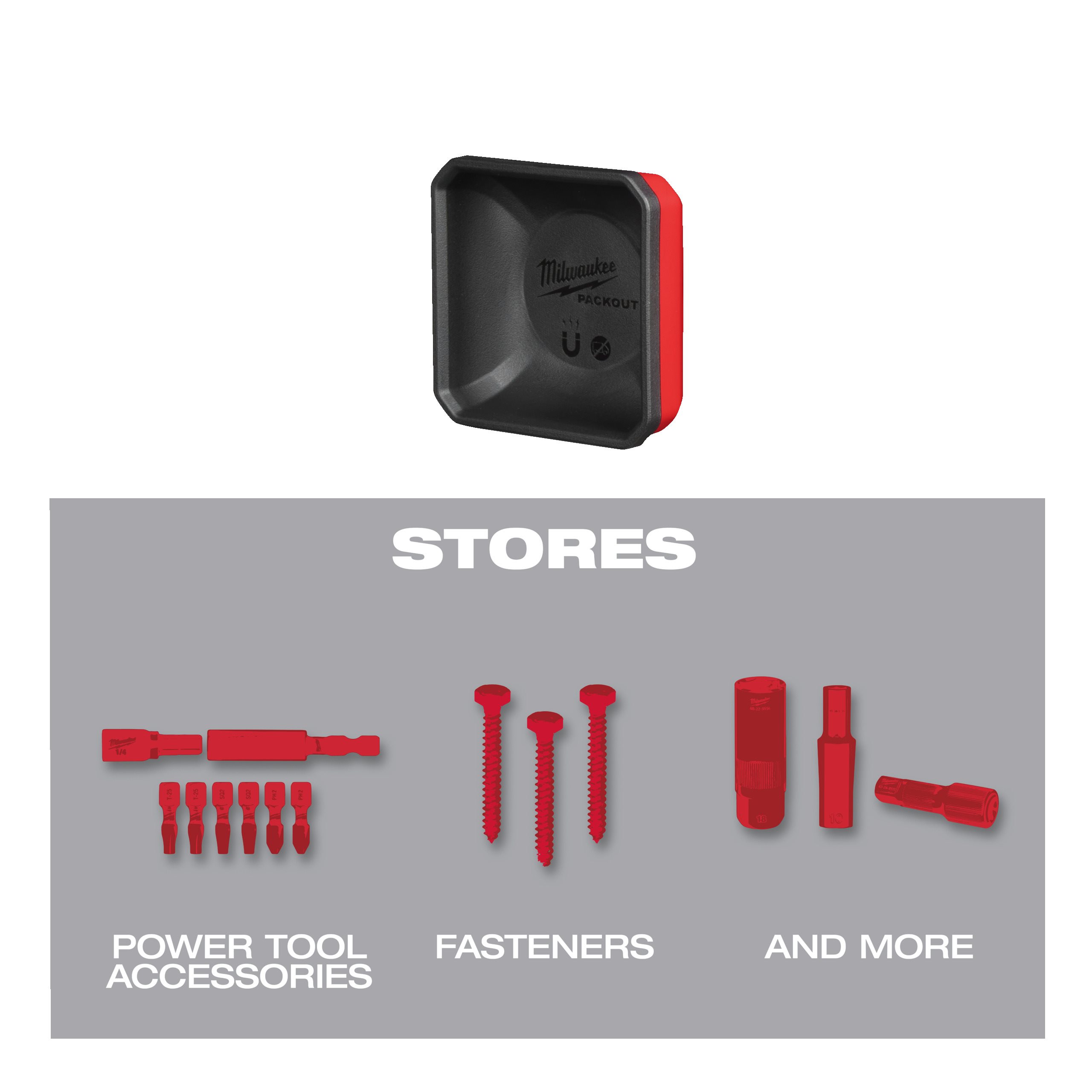 Milwaukee packout magnetic bit holders, bits, sockets, screws, nails and other small metal items.
