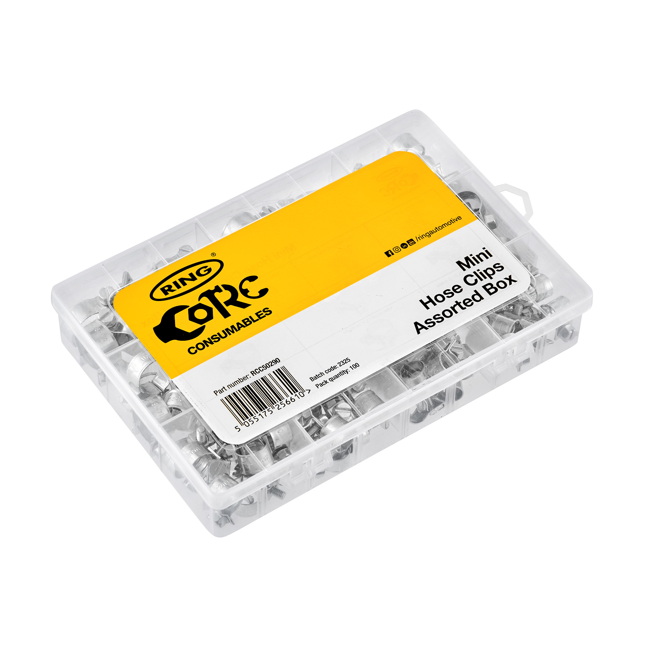 set of hose clips of 10 x Sizes (Diameter Range): 7 - 9, 8 - 10, 9 - 11, 10 - 12, 11 - 13, 12 - 14, 13 - 15, 14 - 16, 15 - 17, 16 - 18mm