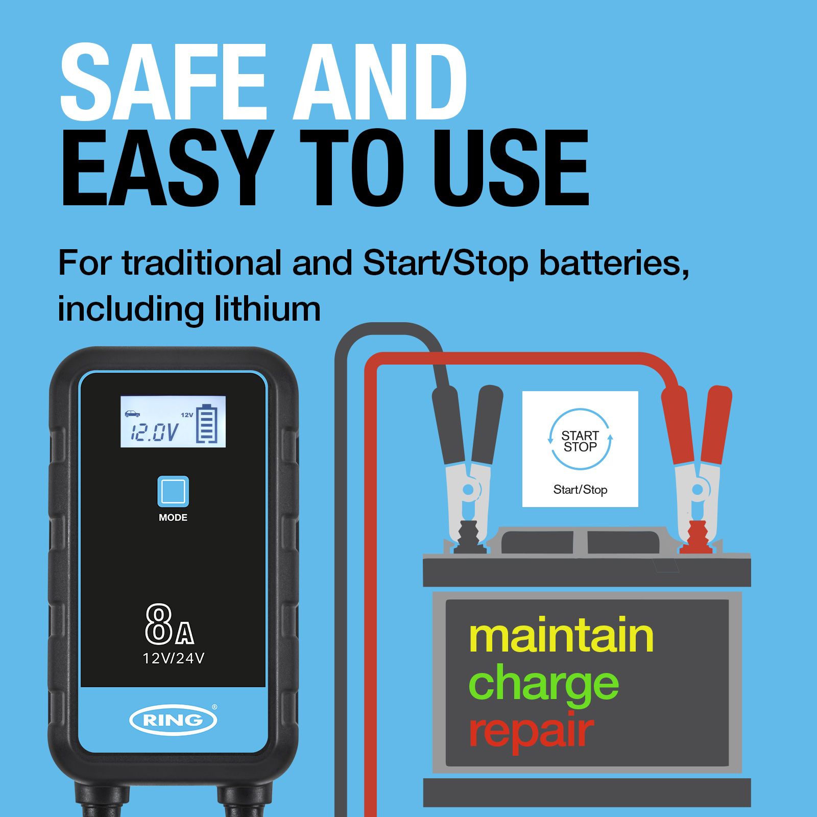 Ring automotive battery charger and maintainer for large vehicles