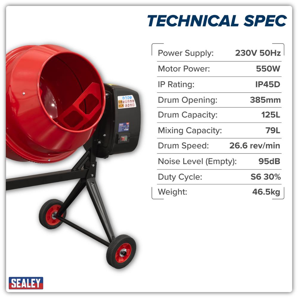 Sealey 125L Cement Mixer 550W/230V CMX125