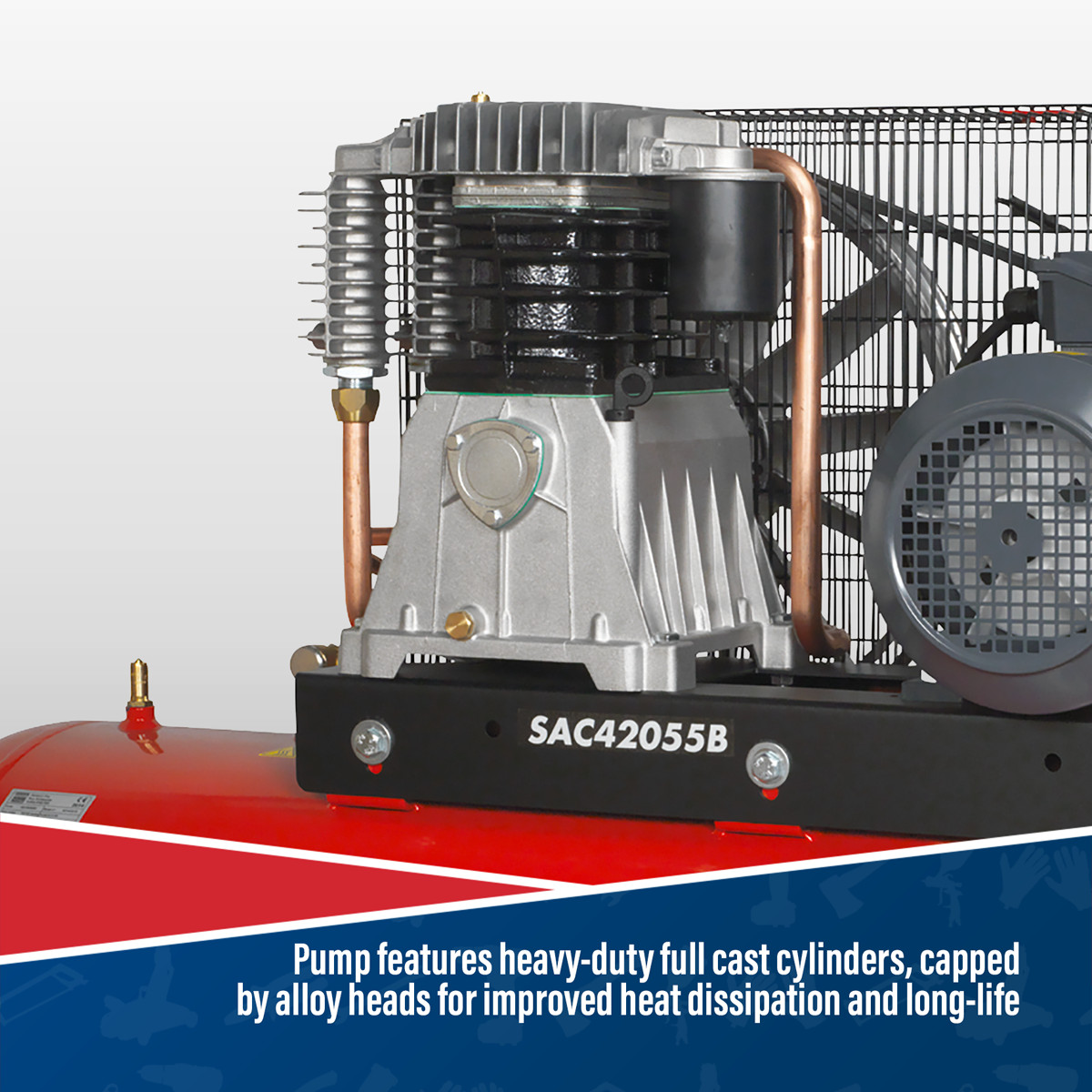 Sealey 200L Belt Drive Air Compressor with Cast Cylinders 5.5hp 2-Stage SAC42055B