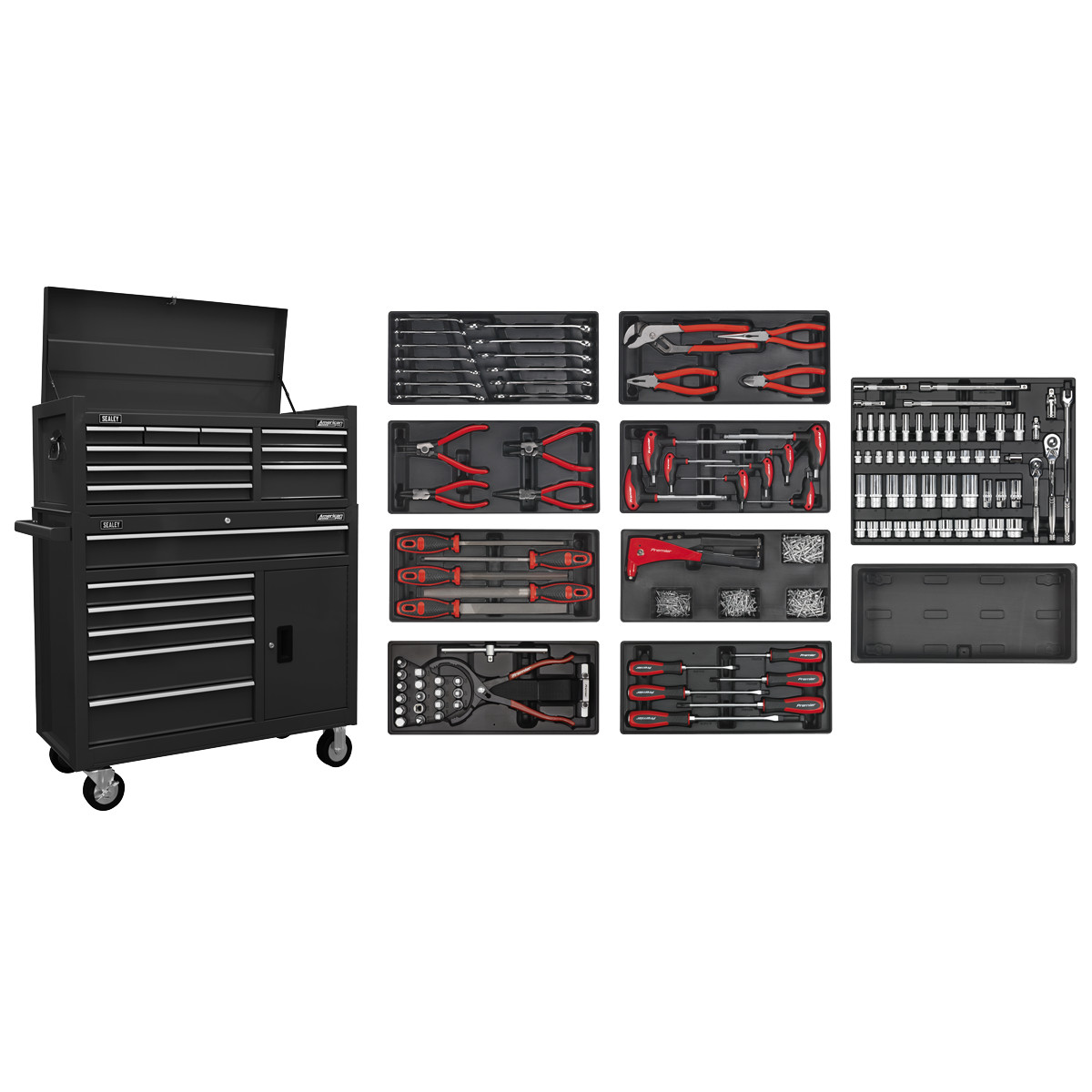 Sealey American PRO Topchest & Rollcab Combination 15 Drawer with 117pc Tool Kit - Black AP41STACKBCOMBO