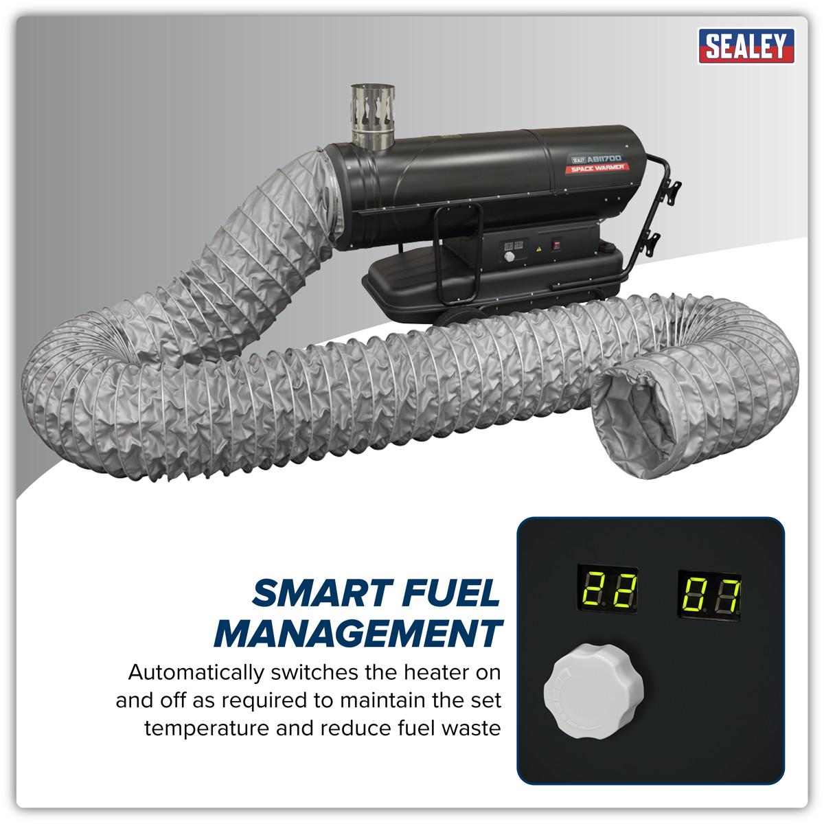 Sealey Space Warmer Indirect Kerosene/Diesel Heater with Wheels 170,000Btu/hr with  5m Ducting ABI1700COMBO