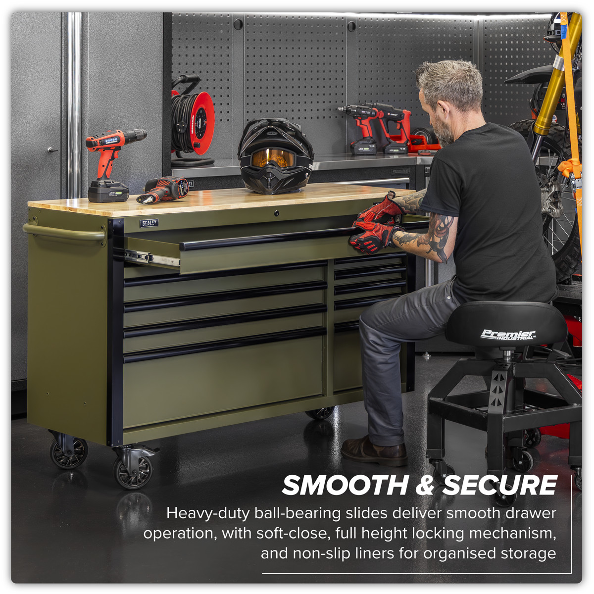 Sealey Superline PRO Mobile Trolley with Wooden Worktop & Power Bar 10 Drawer 1320mm AP5210KBE