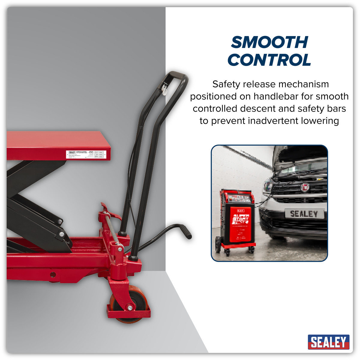 HYDRAULIC LIFT TABLE – Features one-piece hydraulic unit with 1000kg capacity controlled by large rear mounted foot pedal.