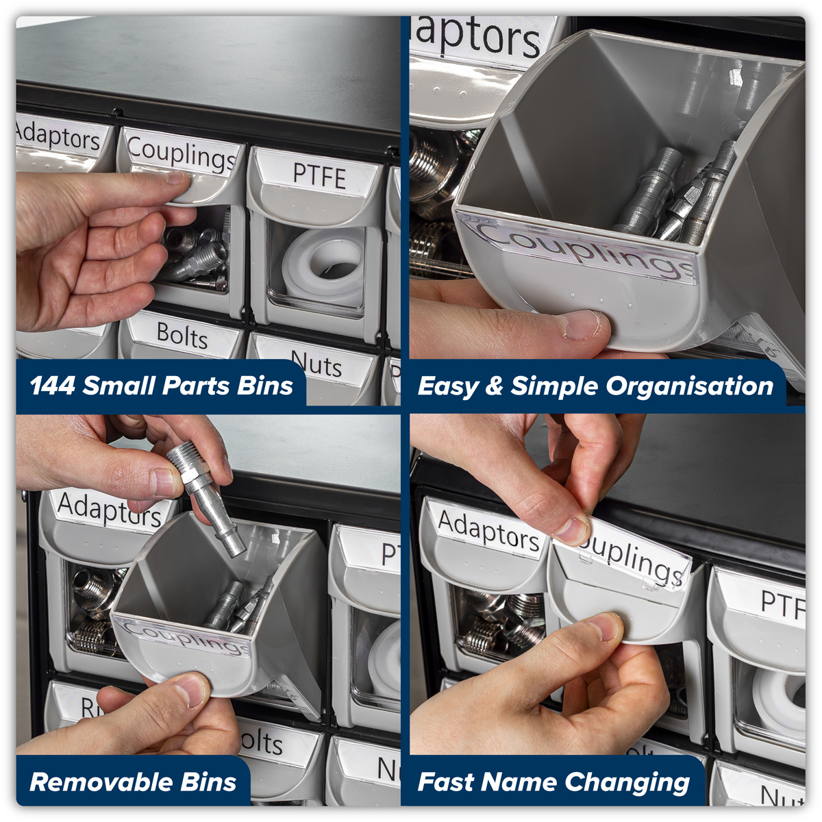 FREESTANDING - Freestanding rotating parts storage system featuring 144 small parts bins.