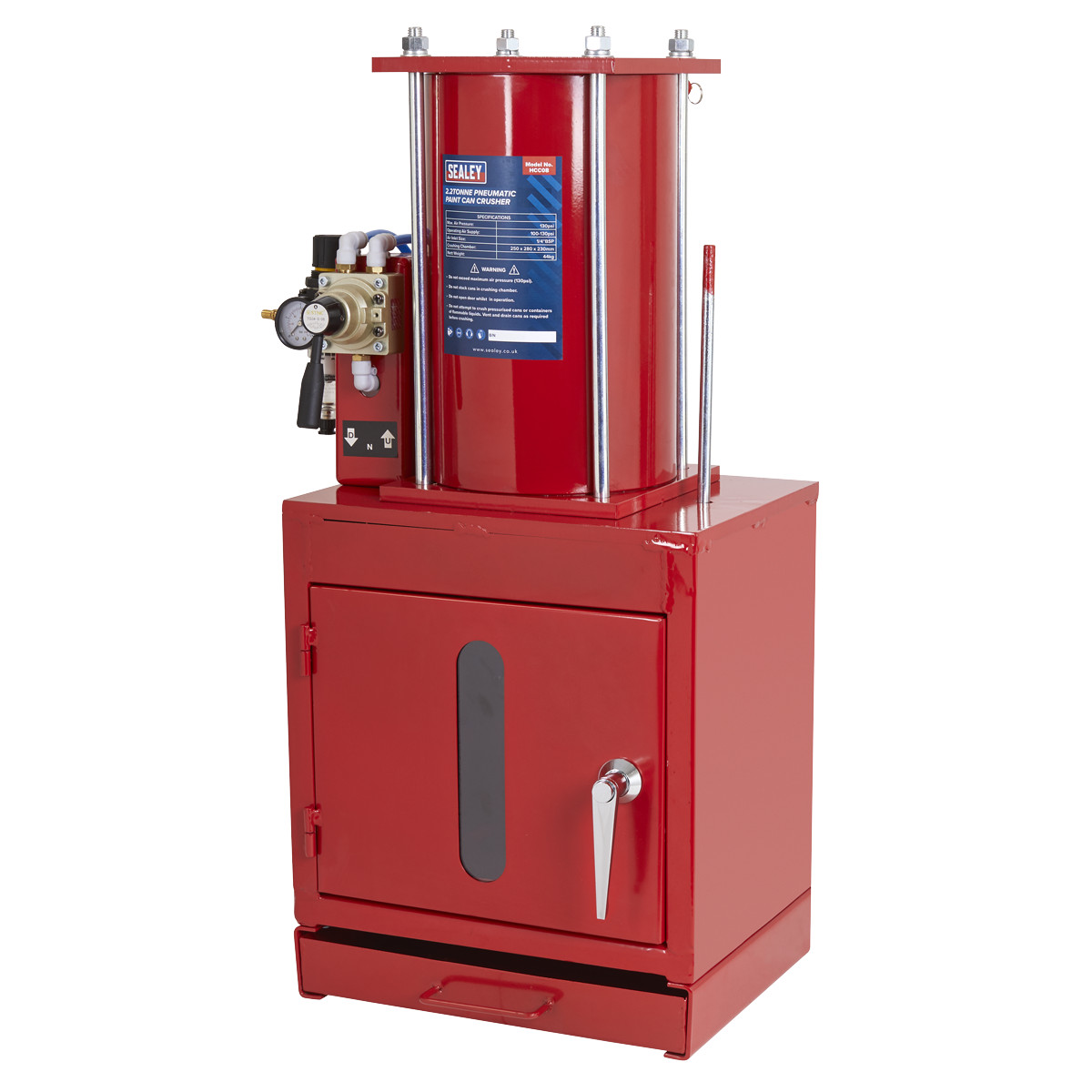 Air operated paint can press with safety lock-out device which prevents the door being opened during operation