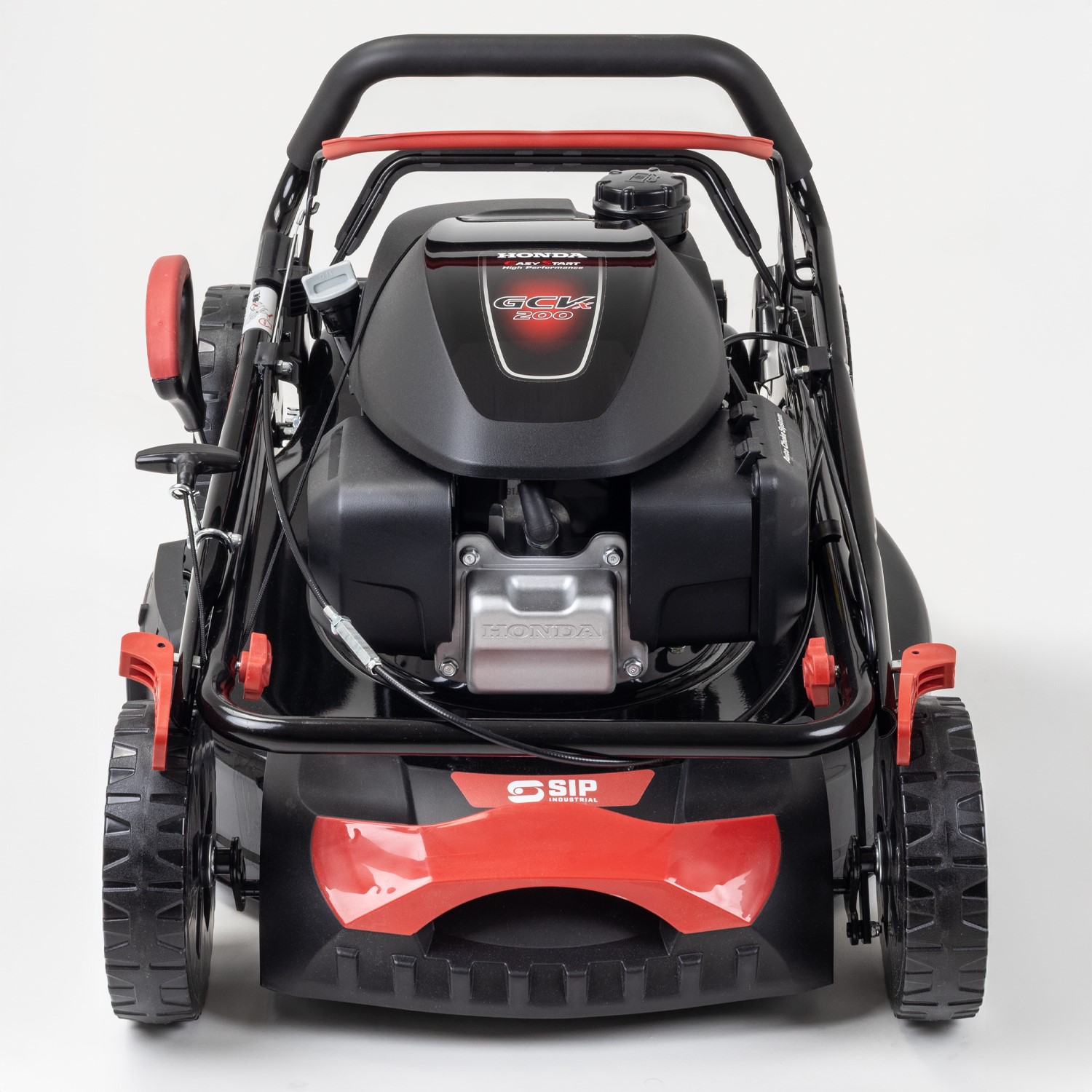 Sip lawnmower with foldable arms for easy transport and storage