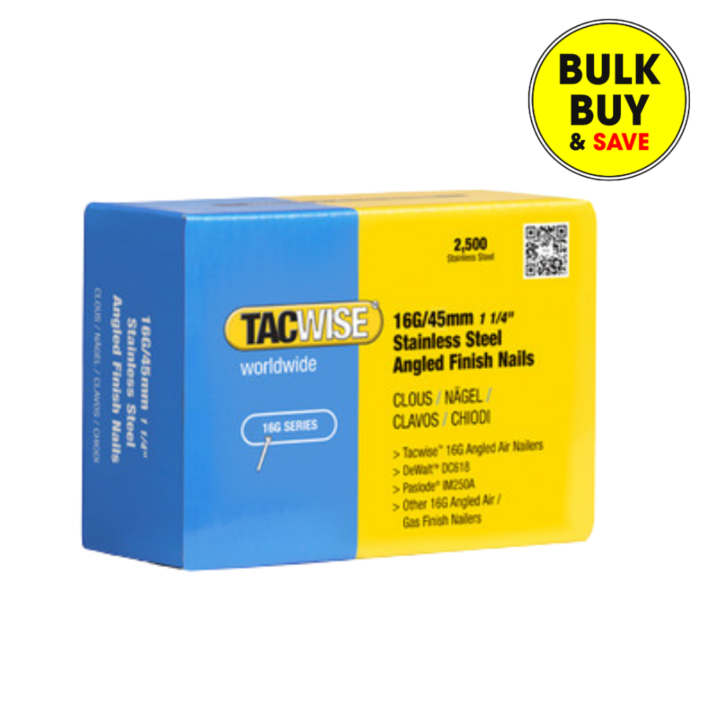 Tacwise 16G/45mm Stainless Steel Angled Nails For Nail Gun (Box Of 2500) 1224