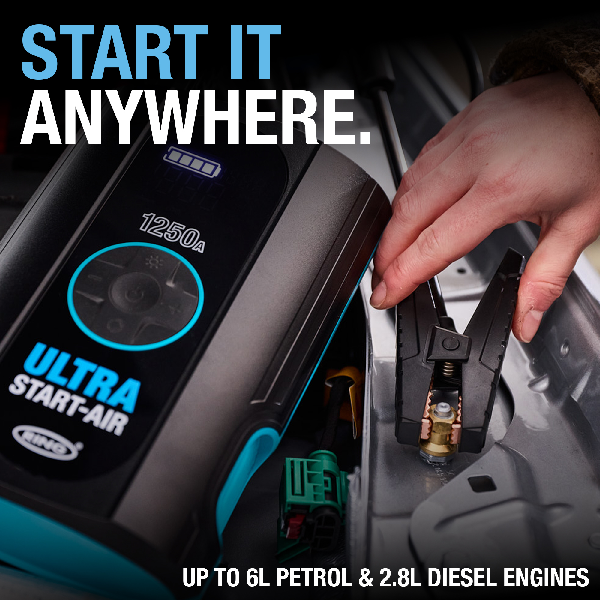 Jump starter: suitable for 12V vehicles with up to 6L petrol and 2.8L diesel engines
