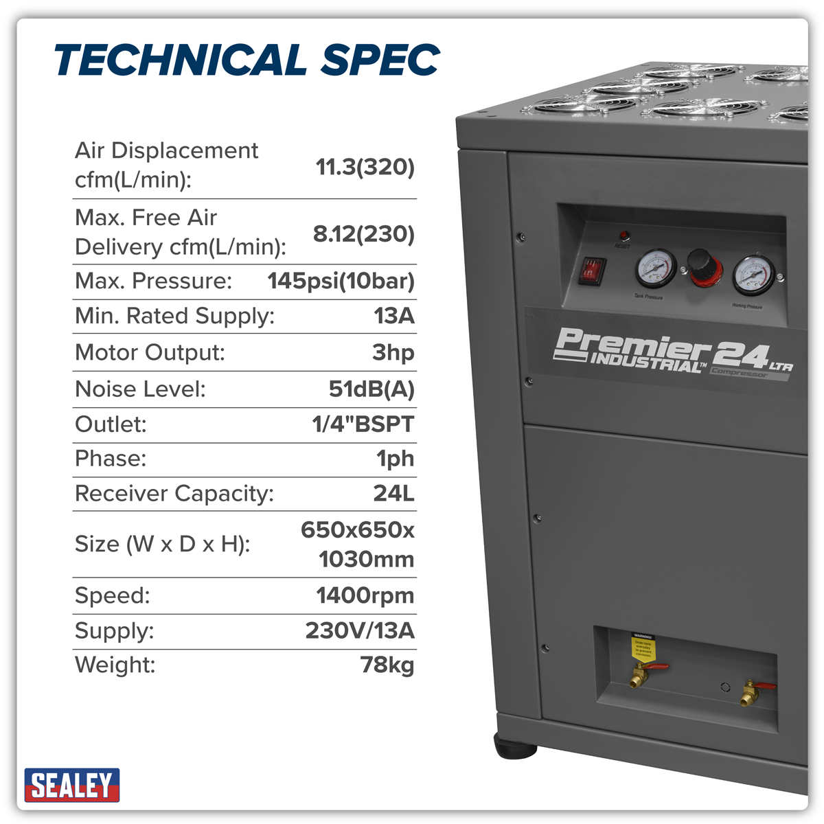 Sealey 24L Oil Free Low Noise Direct Drive Air Compressor 3hp SAC01VLN