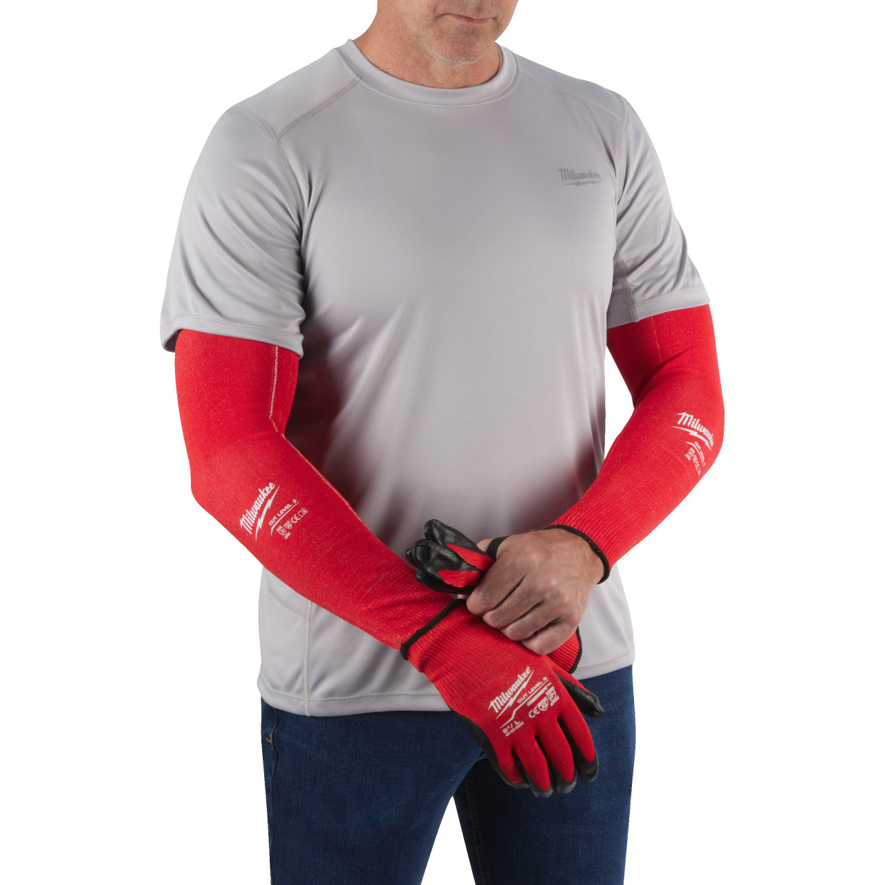 Cut sleeve with high stretch nylon material with 4-way stretch points to fit users’ arms.