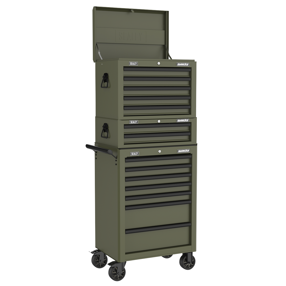 Sealey Superline PRO Topchest, Mid-Box Tool Chest & Rollcab Combination 14 Drawer - Khaki APSTACKTK