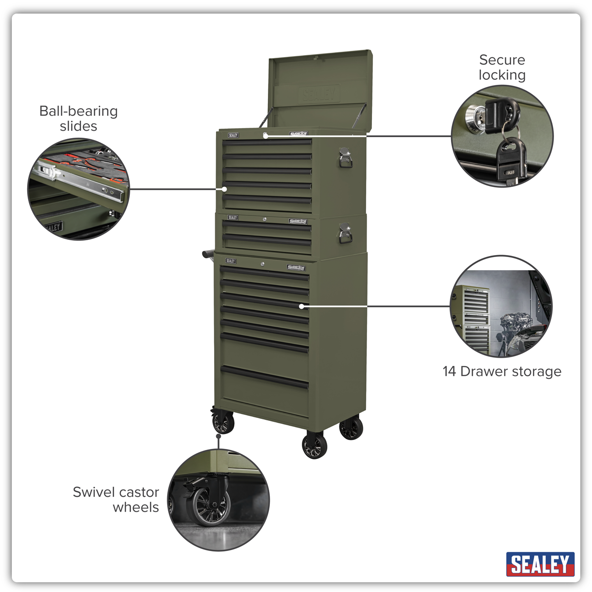 Sealey Superline PRO Topchest, Mid-Box Tool Chest & Rollcab Combination 14 Drawer - Khaki APSTACKTK