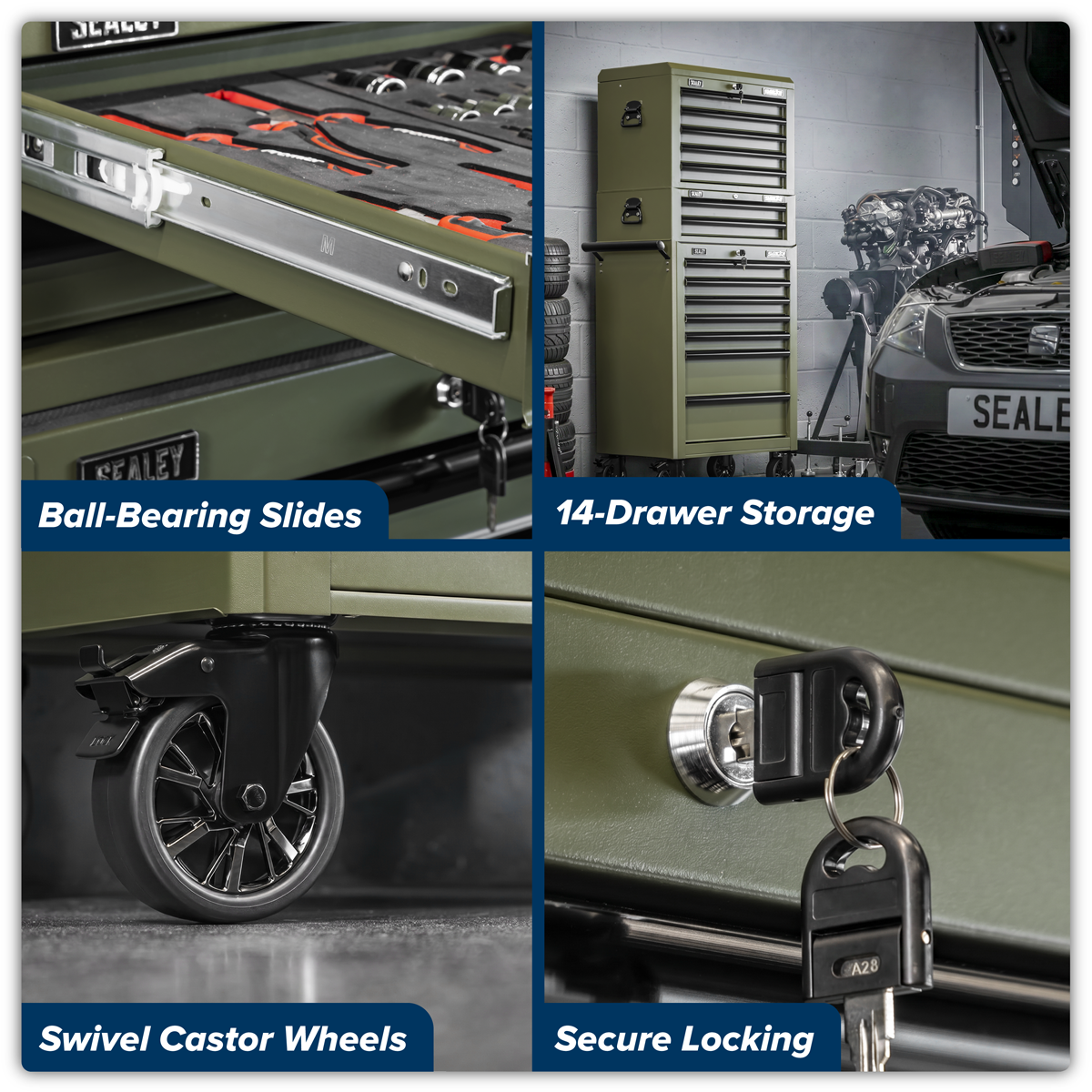 Sealey Superline PRO Topchest, Mid-Box Tool Chest & Rollcab Combination 14 Drawer - Khaki APSTACKTK