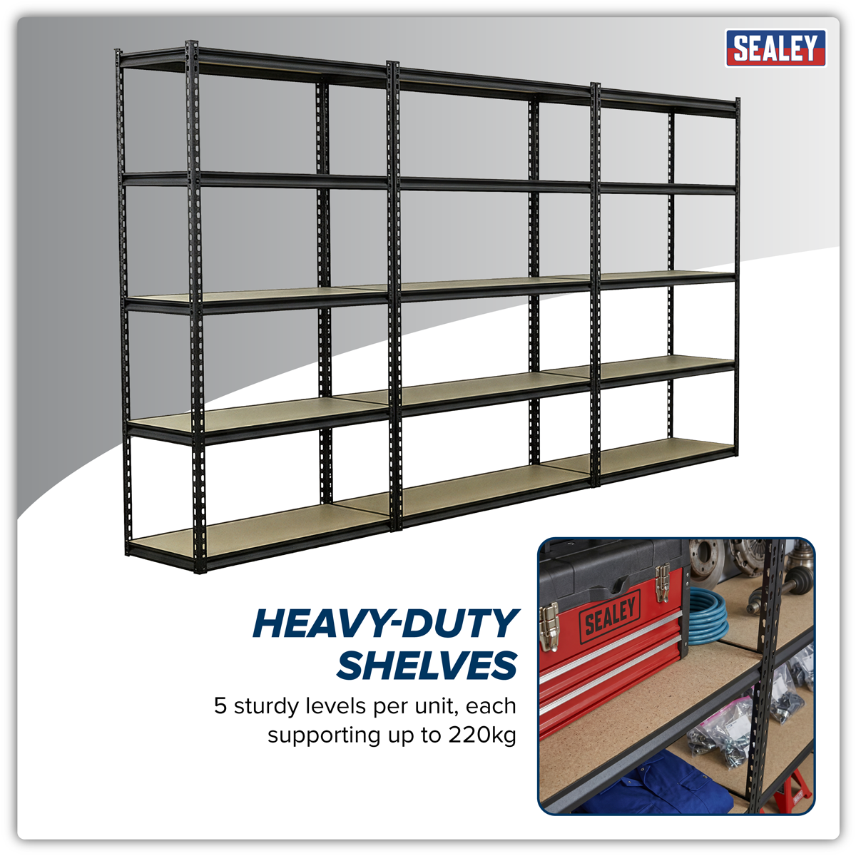 Sealey Racking Unit with 5 Shelves 220kg Capacity Per Level - Set of 3 AP1200RCOMBO1