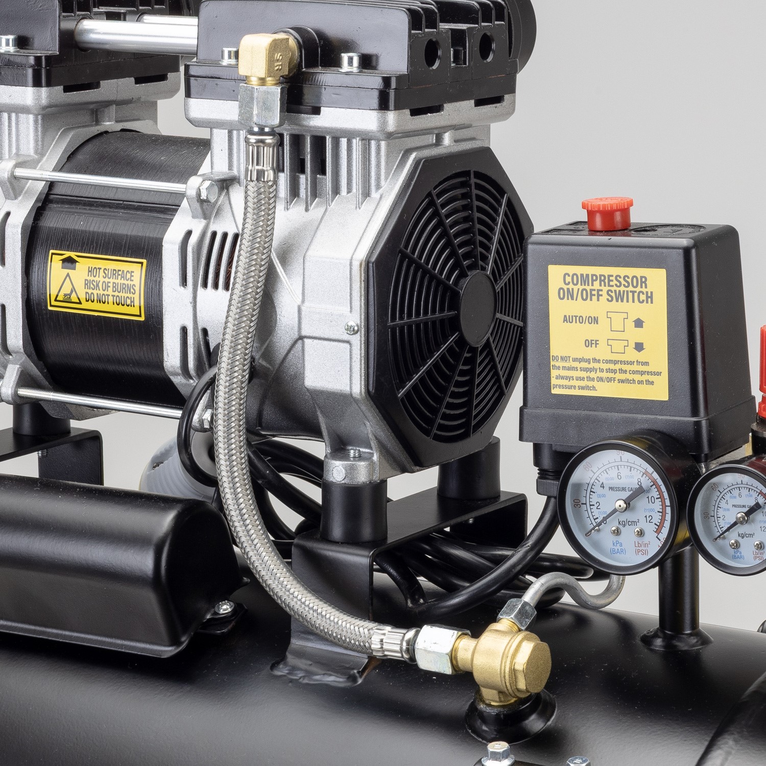 SIP AIRMATE® 110V 50L 2hp Low Noise Oil-Free Direct Drive Compressor is a versatile air compressor designed with a large twin-cylinder motor pump
