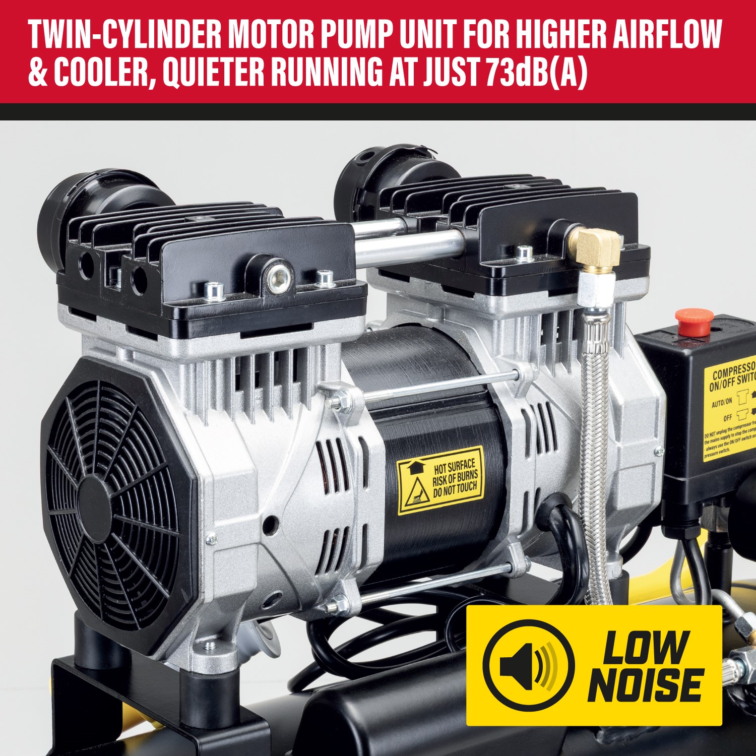 SIP AIRMATE® 110V 50L 2hp Low Noise Oil-Free Direct Drive Compressor is a versatile air compressor designed with a large twin-cylinder motor pump