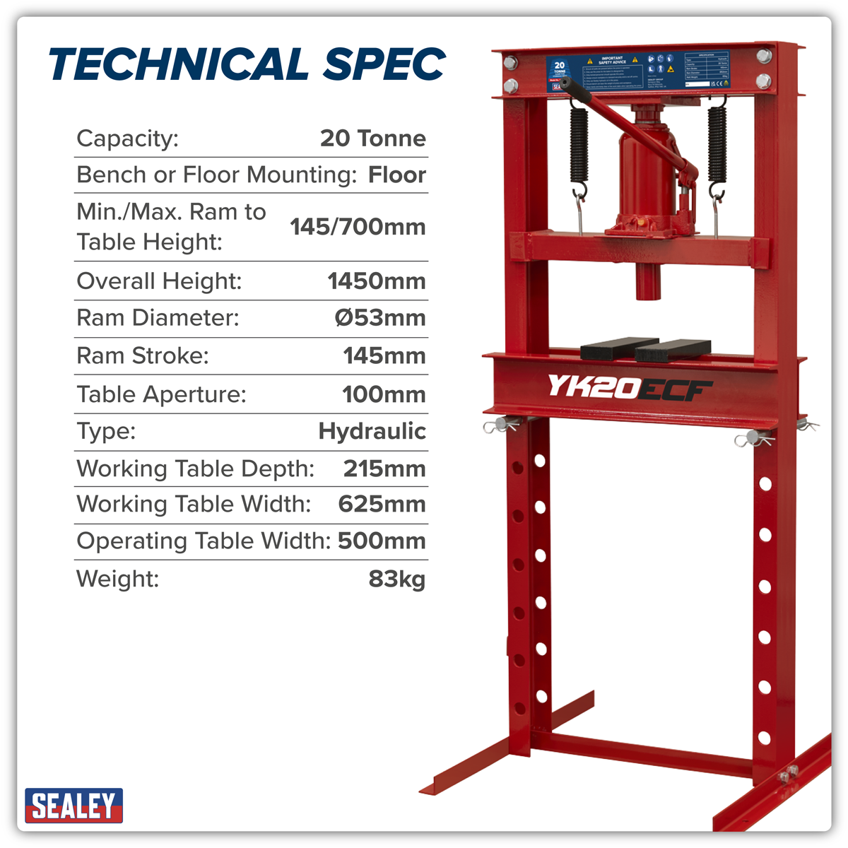 Sealey hydraulic 20 ton press with adjustable table