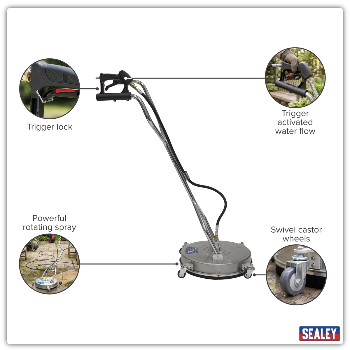 Sealey 18" Surface Cleaner with Dual Handle & Rotating Spray Bar - Stainless Steel PWAK18