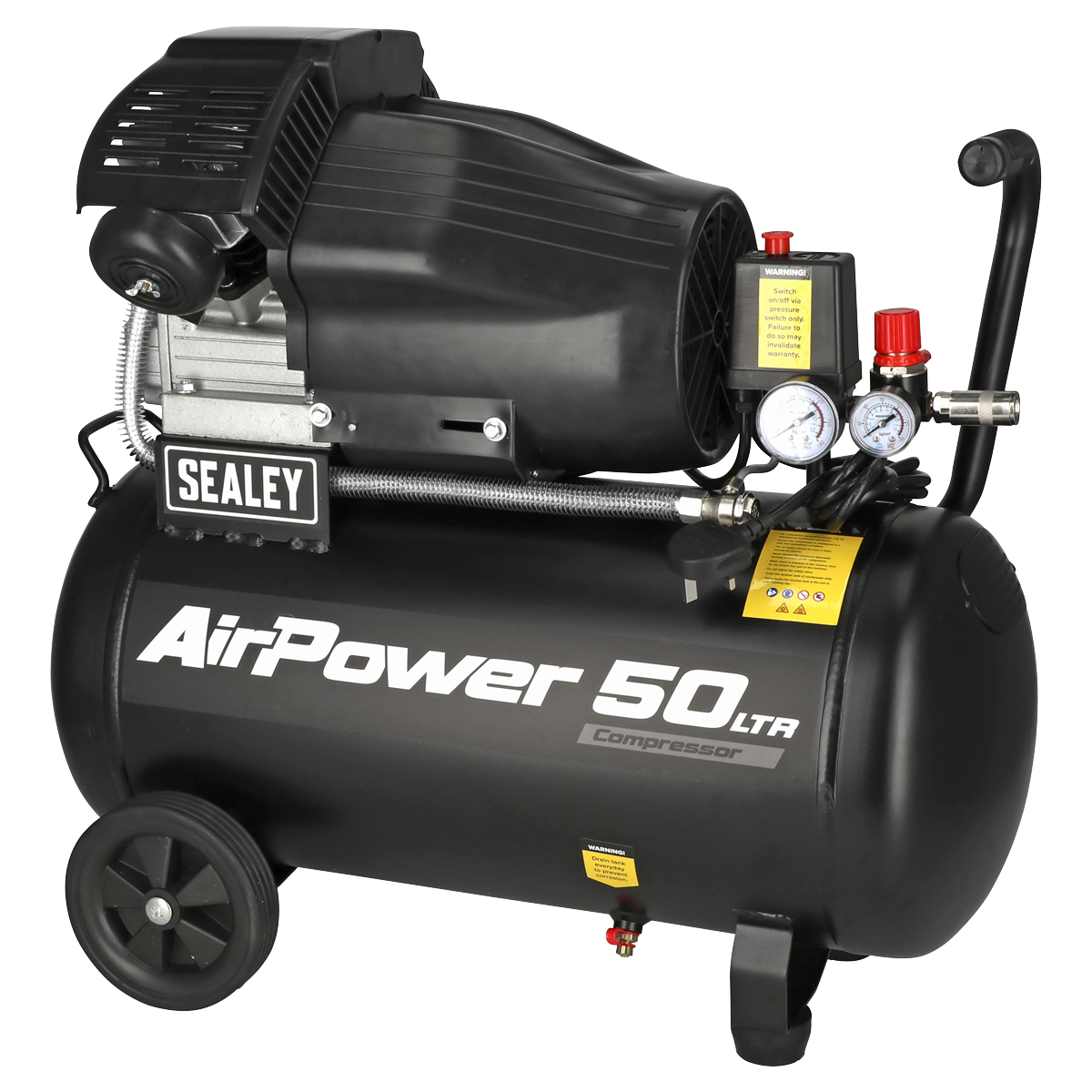 • AUTOMATIC CUT-OUT- Fitted with fully automatic pressure cut-out switch and twin gauges displaying tank and working pressures.