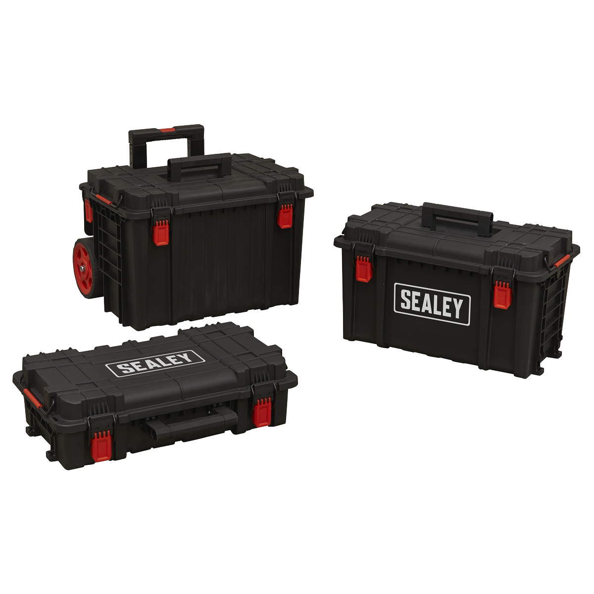 Each of the three toolboxes have internal rubber seals and metal locking clasps to keep tools inside protected against light showers.