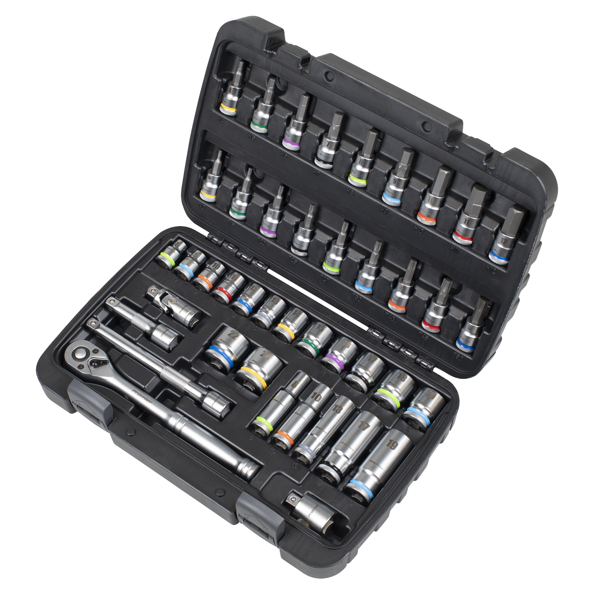 • COMPREHENSIVE 42PC SET – Includes standard and deep sockets, hex and TRX-Star* socket bits, ratchet, universal joint, extension bars and adaptor.
