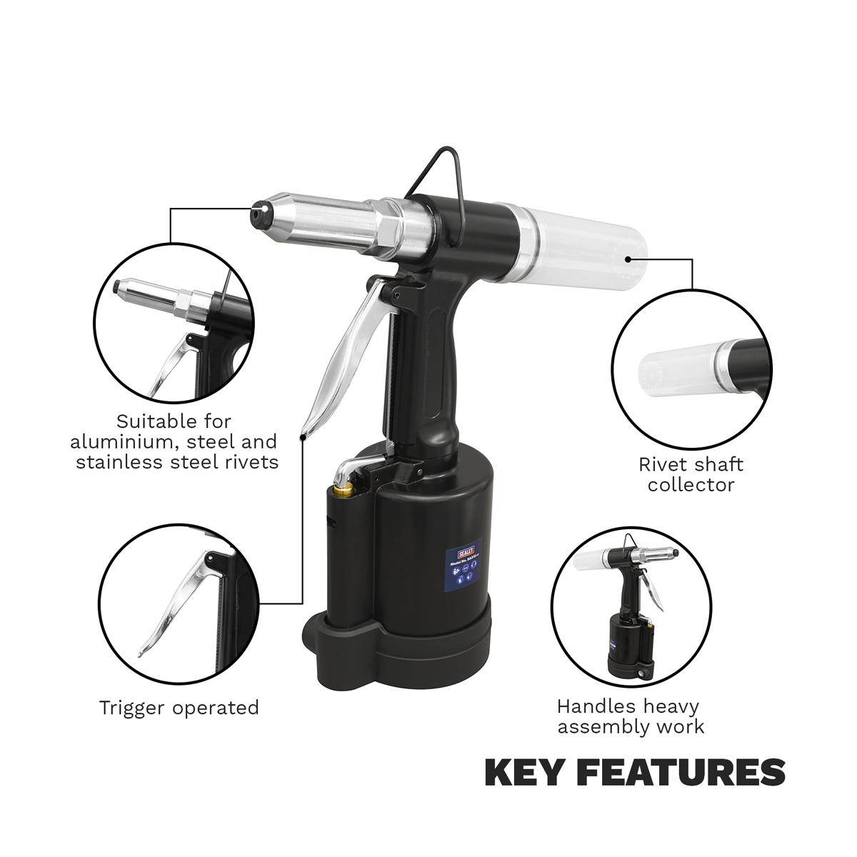 Trigger operated riveter with hardened steel jaw assembly and rivet shaft safety cap