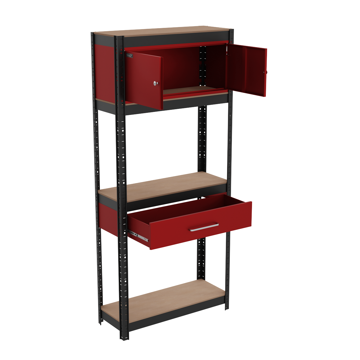 Sealey workshop storage system with shelving and cupboard