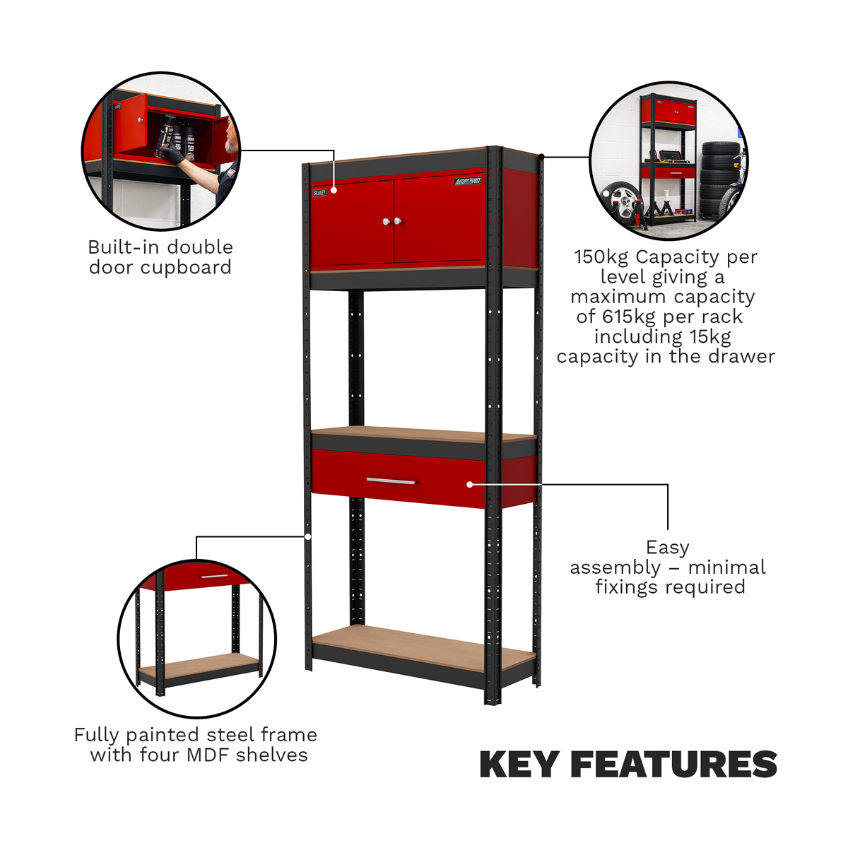 Fully painted steel frame with four MDF shelves
