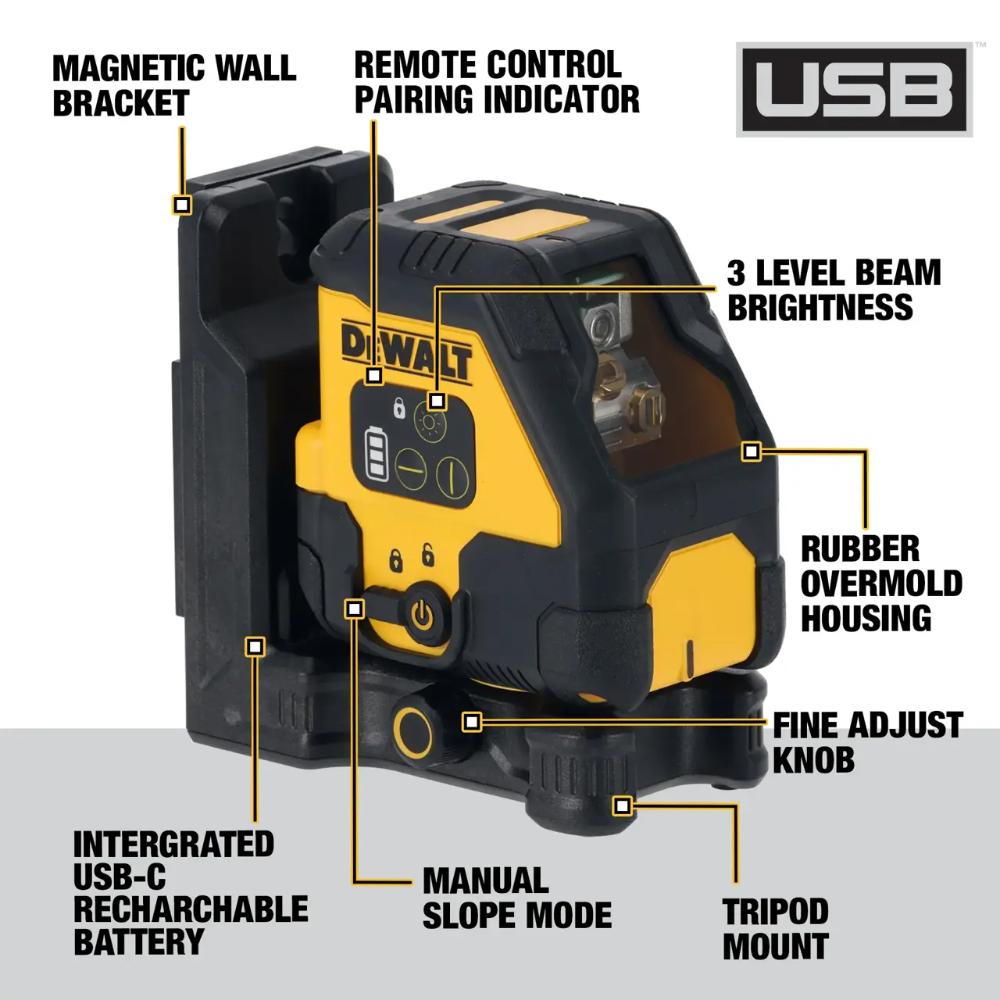 DeWalt DCLE14201RB-XJ USB Cross Line Red Beam Laser