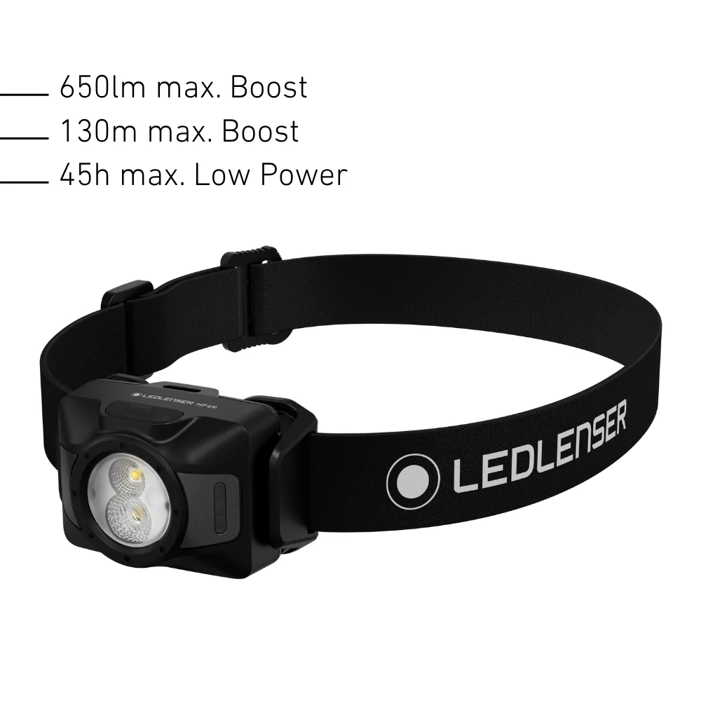 Ledlenser Compact head torch with spot for long-range and flood light for close-up illumination, plus red front light