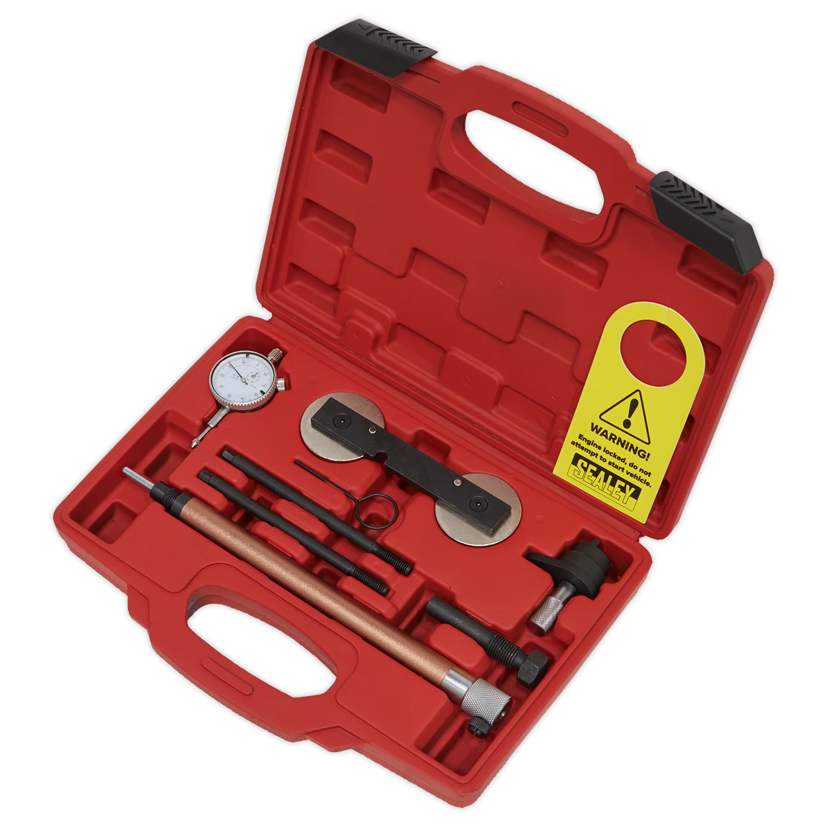 Kit contains essential tools for crank TDC positioning, camshaft setting and tensioner locking.