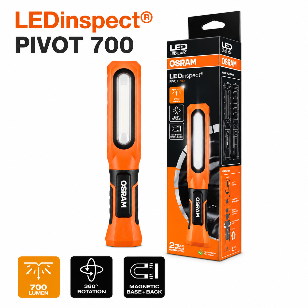 OSRAM LEDinspect PIVOT 700 rechargeable LED inspection light with 700 lumens, 360° rotation and magnetic base, shown with retail packaging.