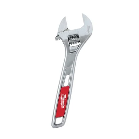 Milwaukee 150mm adjustable wrench with chrome finish and red Milwaukee branding, shown on a white background.
